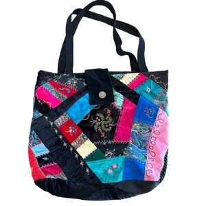 Vintage Quilted Velvet tote bag embroidered patchwork antique handmade purse